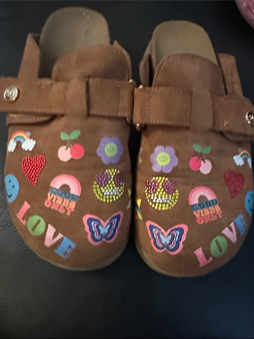 Kids Brown Slip-On Clogs with Colorful Love & Rainbow Graphics